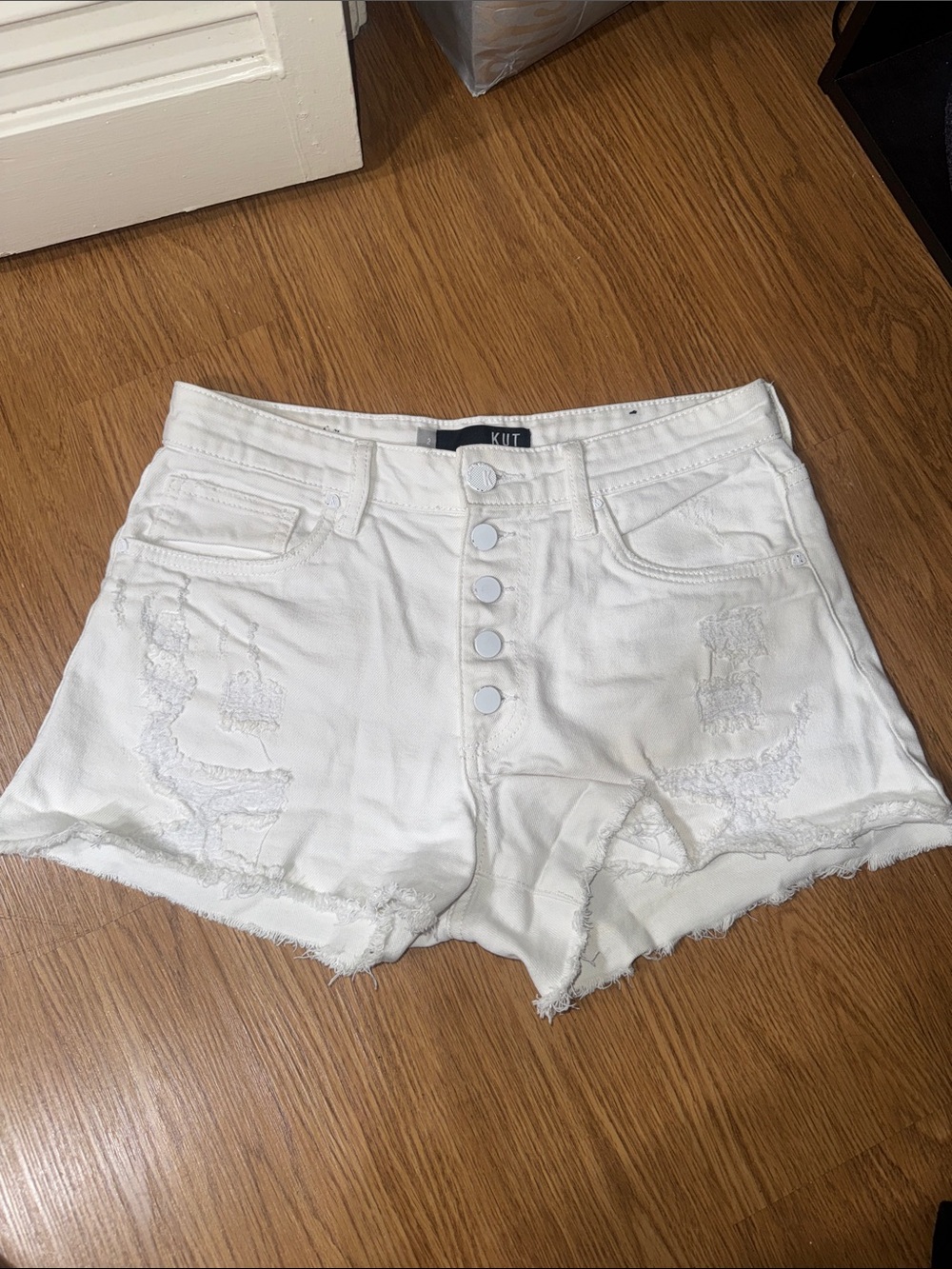 Kut from the Kloth White Distressed Button-Fly Denim Shorts